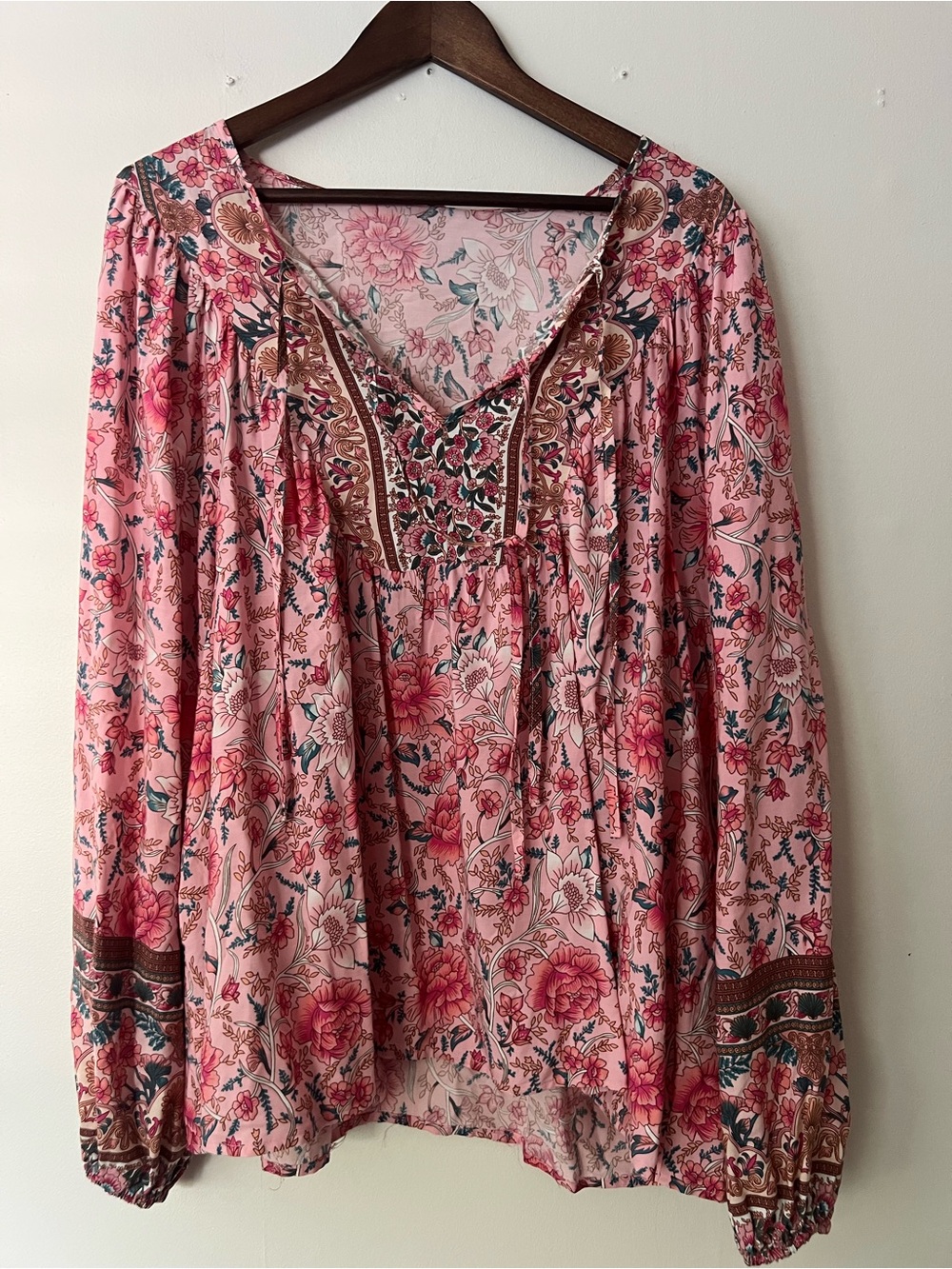Pink Floral V-Neck Boho Blouse